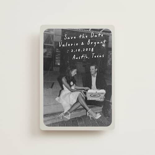 This is a toasted marshmallow petite save the dates with standard by Anna Elder called film printing on recycled smooth signature in petite