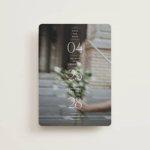 This is a chiffon petite save the dates with standard by Heather Schertzer called updated printing on recycled smooth signature in petite