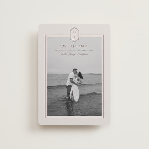 This is a dove petite save the dates with standard by Rachelle Clarke called modern monogram printing on recycled smooth signature in petite