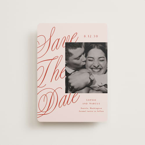 This is a cherry petite save the dates with standard by Alethea and Ruth called script overlay printing on recycled smooth signature in petite