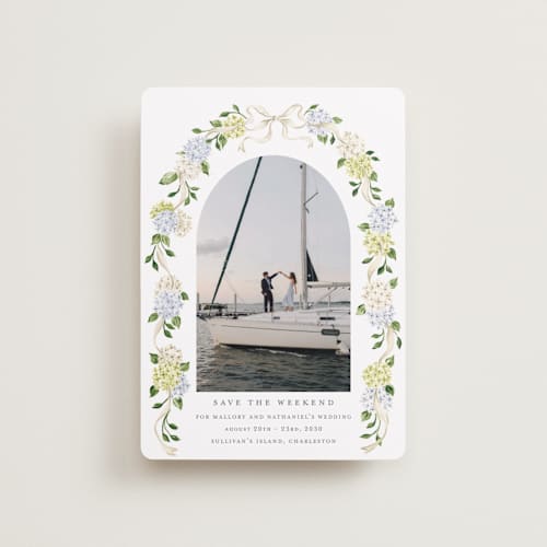 This is a coastline petite save the dates with standard by Sarah Knight called coastal hydrangea printing on recycled smooth signature in petite