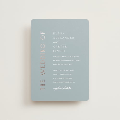 This is a provincial petite wedding invitations with foil pressed by Angela Thompson called gilded edge printing on signature in petite