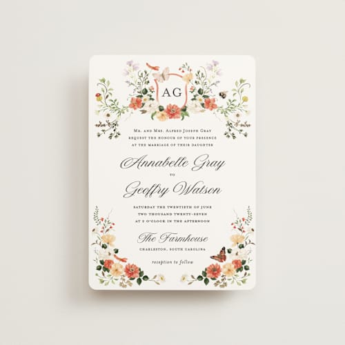 This is a verona sunset petite wedding invitations with foil pressed by Sarah Knight called fleur printing on signature in petite