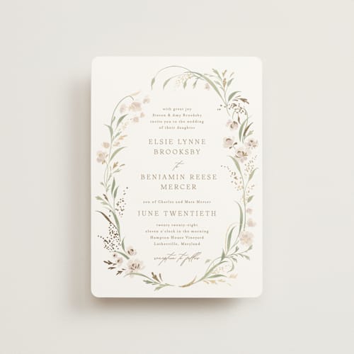This is a spring mist petite wedding invitations with foil pressed by Erin L. Wilson called meadow printing on signature in petite