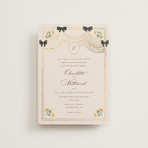 This is a golden petite wedding invitations with foil pressed by Claudia Orengo called tuileries printing on signature in petite
