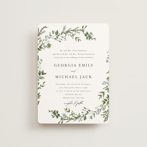 This is a coast petite wedding invitations with standard by Susan Moyal called romantic florals printing on signature in petite