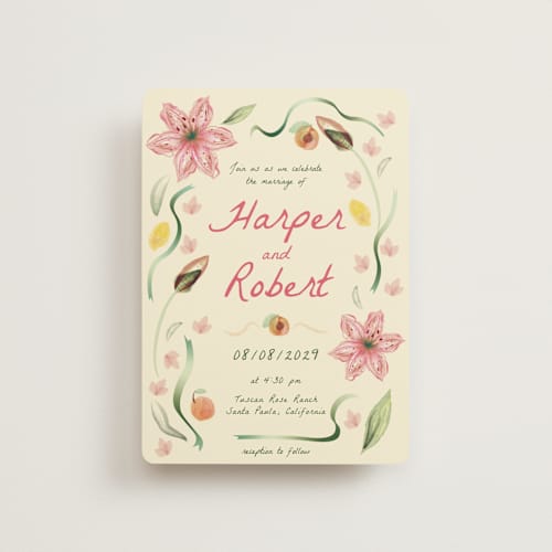 This is a blush petite wedding invitations with standard by Emily Miranda called romantic tropical wedding printing on signature in petite