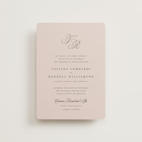 This is a dusty rose petite wedding invitations with standard by Kelly Schmidt called arch monogram printing on signature in petite