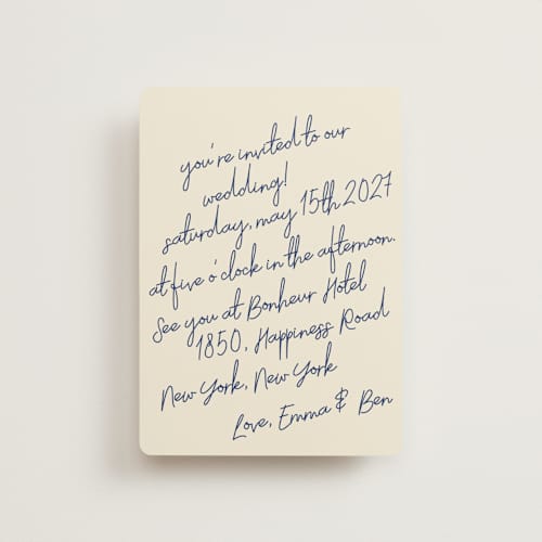 This is a blue velvet petite wedding invitations with standard by Helena Vitto called handwritten letter printing on signature in petite