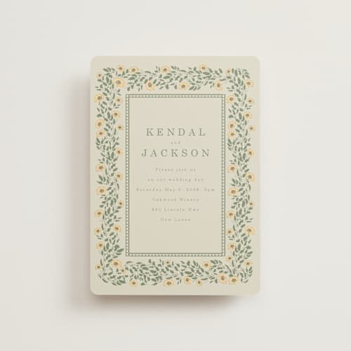 This is a mustard petite wedding invitations with standard by Baumbirdy called framed floral printing on signature in petite