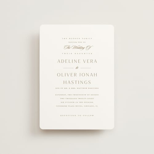 This is a golden petite wedding invitations with standard by Stacey Meacham called classic decorum printing on signature in petite