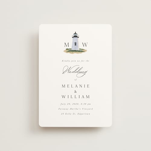 This is a snow petite wedding invitations with standard by Becky Nimoy called east coast lighthouse printing on signature in petite