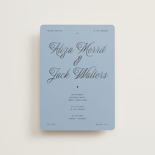 This is a sky petite wedding invitations with standard by Blustery August called cheers printing on signature in petite