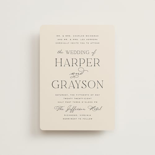 This is a creme petite wedding invitations with standard by Carly Reed Walker called tendu printing on signature in petite