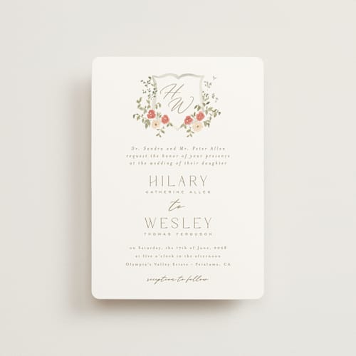This is a pomegranate petite wedding invitations with standard by Everett Paper Goods called roses crest printing on signature in petite