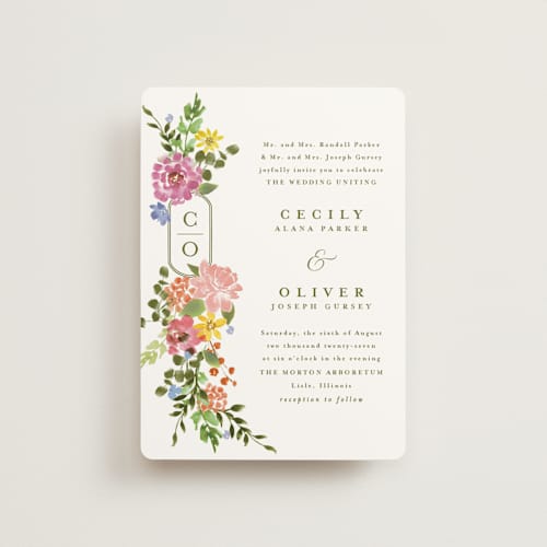 This is a summer petite wedding invitations with standard by Angela Marzuki called garland monogram printing on signature in petite