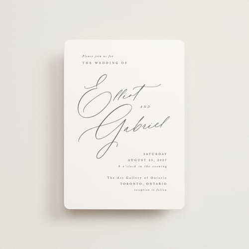 This is a pearl petite wedding invitations with standard by Hooray Creative called scripted names printing on signature in petite