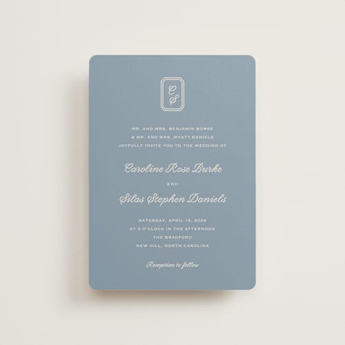 This is a french blue petite wedding invitations with standard by Carolyn MacLaren called bevel monogram printing on signature in petite