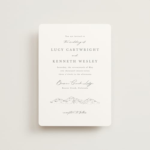 This is a pewter petite wedding invitations with standard by Sarah Brown called mountainview printing on signature in petite