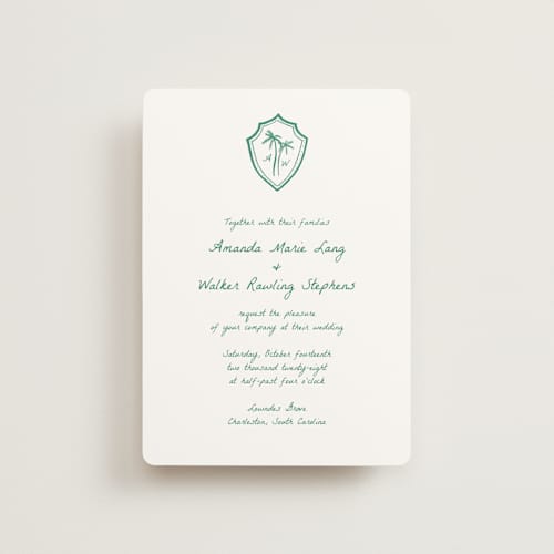 This is a palm petite wedding invitations with standard by Erika Firm called palm tree crest printing on signature in petite