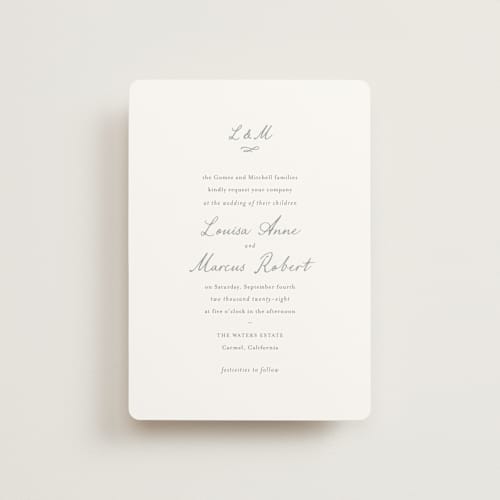 This is a sage petite wedding invitations with standard by Sara Hicks Malone called signature monogram printing on signature in petite
