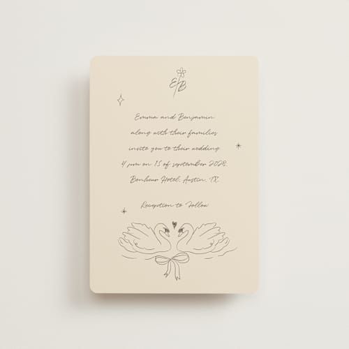 This is a buttercream petite wedding invitations with standard by Helena Vitto called the swan printing on signature in petite