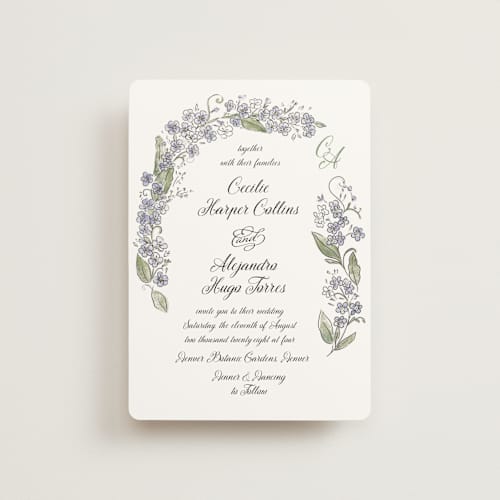 This is a violet petite wedding invitations with standard by Jenna Holcomb called forget me nots printing on signature in petite