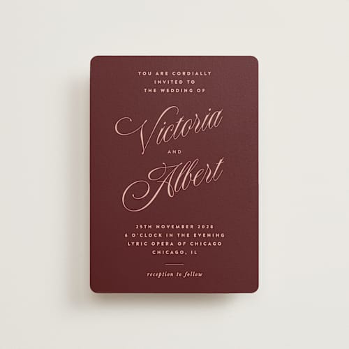 This is a burgundy petite wedding invitations with standard by Nazia Hyder called museum printing on signature in petite