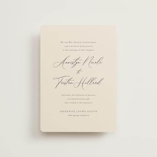 This is a mocha petite wedding invitations with standard by Jennifer Postorino called love story printing on signature in petite