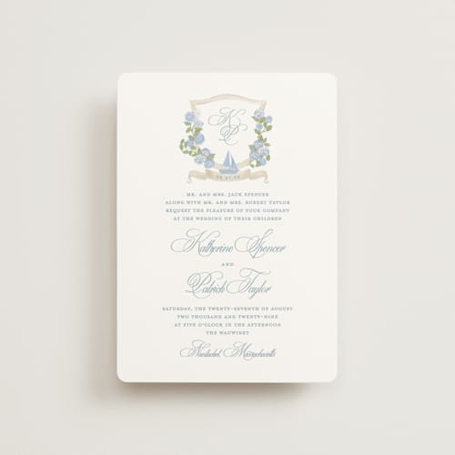 This is a ocean petite wedding invitations with standard by Creo Study called coastal crest printing on signature in petite