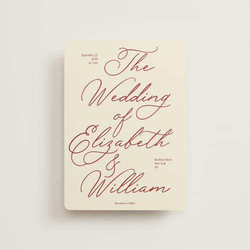 This is a burgundy petite wedding invitations with standard by Helena Vitto called elizabeth printing on signature in petite