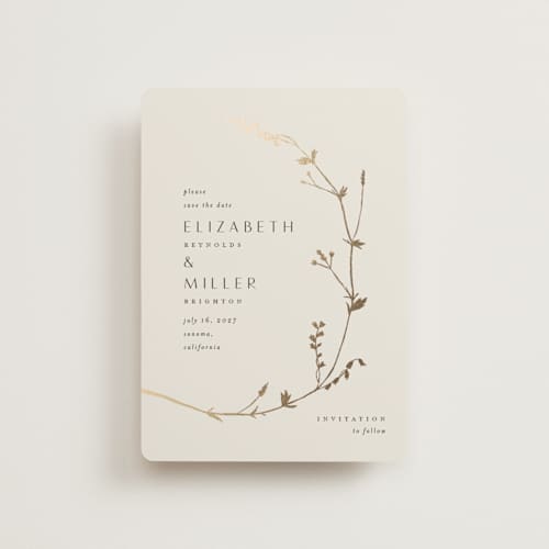 This is a cotton petite save the dates with foil pressed by Amy Kross called vine wrap printing on signature in petite