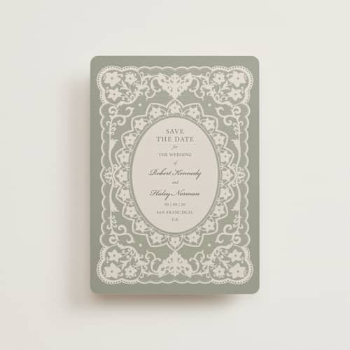 This is a sage petite save the dates with standard by Zove Ahhh called written in romance printing on signature in petite