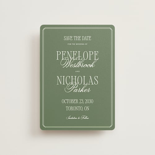 This is a garden petite save the dates with standard by Kelly Schmidt called overlapped script printing on signature in petite