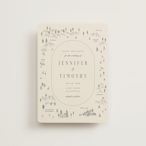 This is a cream petite save the dates with standard by Sherley Ferreira called tahoe lake printing on signature in petite