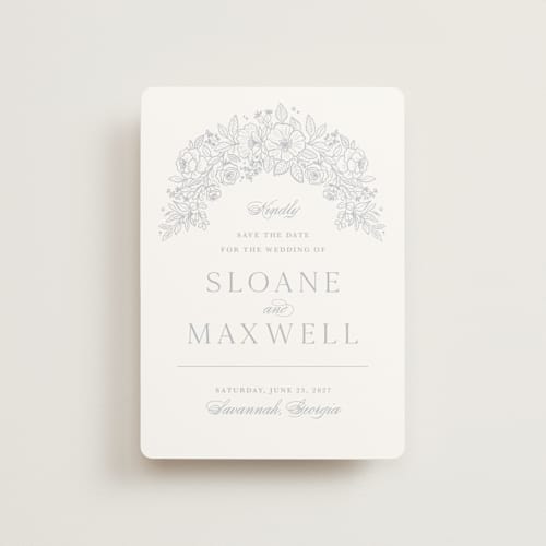 This is a powder blue petite save the dates with standard by Kristen Smith called wild roses printing on signature in petite