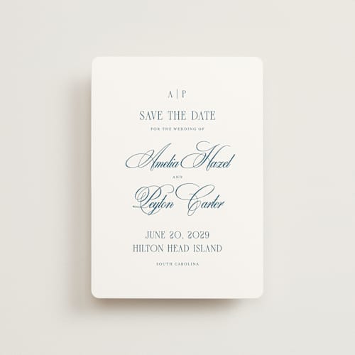 This is a ocean petite save the dates with standard by Kelly Schmidt called hilton printing on signature in petite