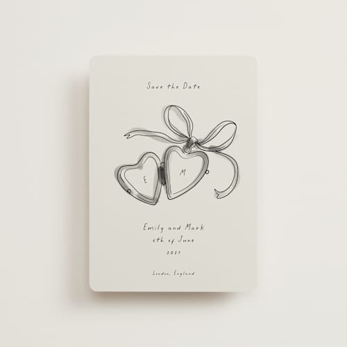 This is a ink wash petite save the dates with standard by Ani Somi called heart shaped locket printing on signature in petite