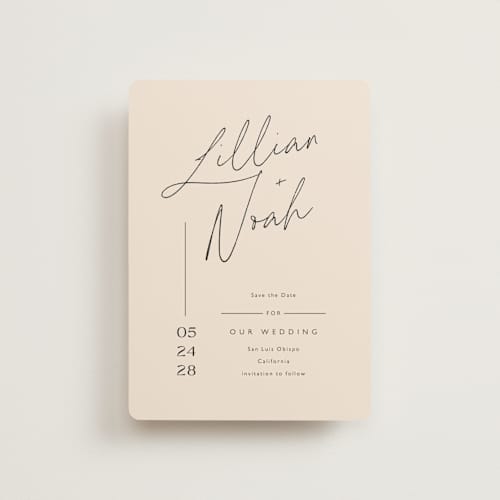 This is a creampuff petite save the dates with standard by Carolyn MacLaren called modern aligned printing on signature in petite