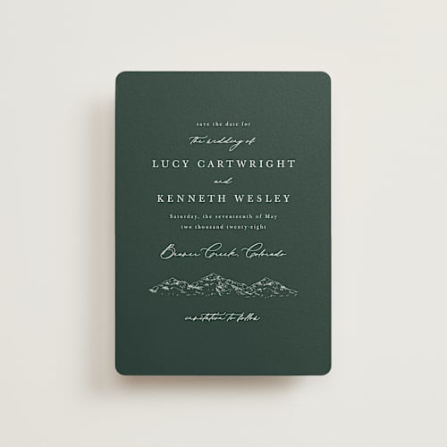 This is a evergreen petite save the dates with standard by Sarah Brown called mountainview printing on signature in petite