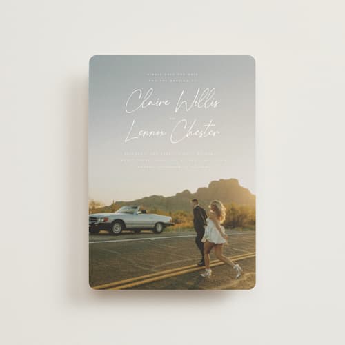 This is a chiffon petite save the dates with standard by Orasie called full photo printing on signature in petite