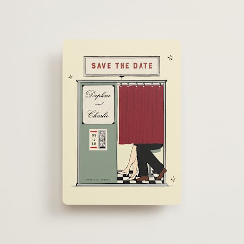 This is a vintage petite save the dates with standard by Jennifer Lew called photobooth printing on signature in petite