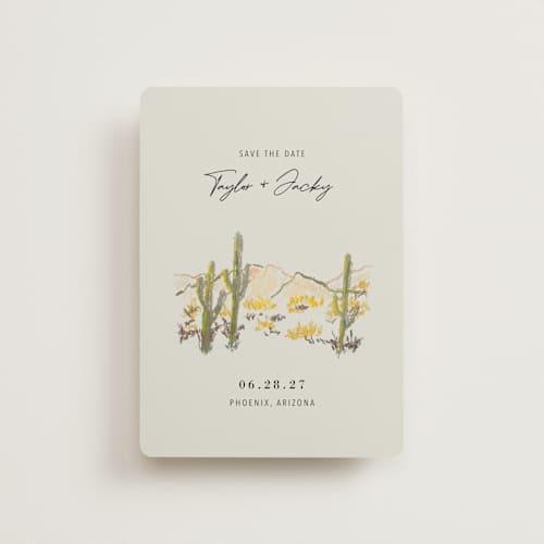 This is a olive petite save the dates with standard by Cass Loh called desert crayon drawing printing on signature in petite