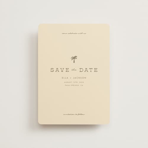 This is a sand petite save the dates with standard by Olivia Goree called vacation printing on signature in petite