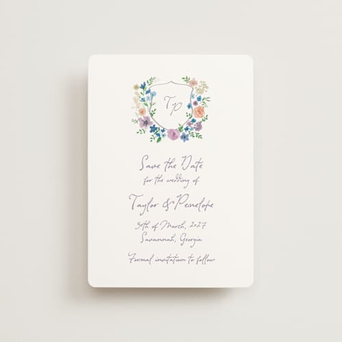 This is a lavender petite save the dates with standard by Cass Loh called wildflowers crest printing on signature in petite