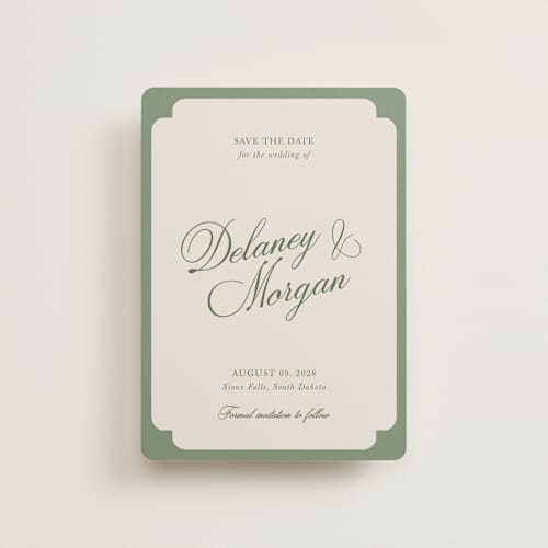This is a olive petite save the dates with standard by Cass Loh called classic bold border printing on signature in petite