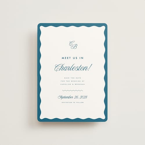 This is a ocean petite save the dates with standard by Kelly Schmidt called meet us printing on signature in petite