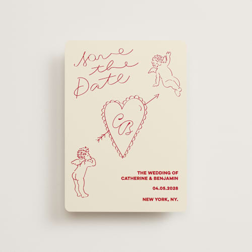 This is a cream petite save the dates with standard by Helena Vitto called crazy little thing called love printing on signature in petite