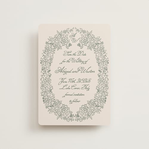 This is a moss petite save the dates with standard by Tamara Hilje called crest florale printing on signature in petite