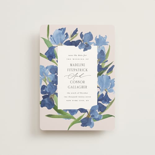 This is a natural petite save the dates with standard by Everett Paper Goods called irises printing on signature in petite